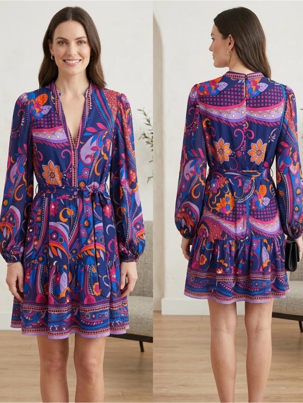 Adrianna Papell Retro Psychedelic Boho Mini Dress Size 10